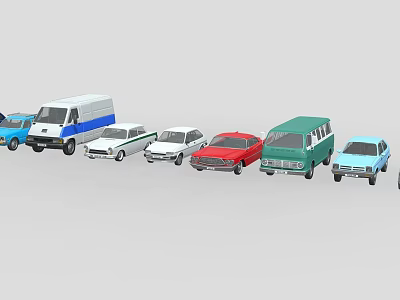 Various Types of Colorful Cars and Vehicles Displayed in a Row 3d model