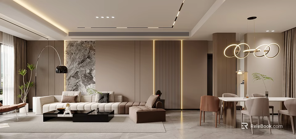 Modern Luxury Living And Dining Room Interior With Sofa Dining Table And Ambient Lighting 3d model 