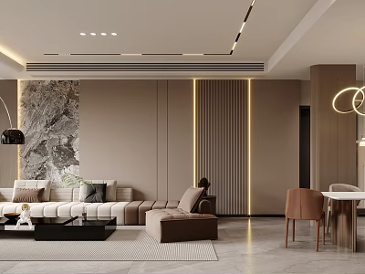 Modern Luxury Living And Dining Room Interior With Sofa Dining Table And Ambient Lighting 3d model