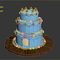 Two Tier Blue Cake with Strawberry and Gold Decorations on Wooden Base