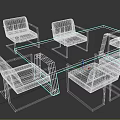 Modern Dining Table Set with Rectangular Light Tabletop and Six Black Metal Frame Chairs 3d model