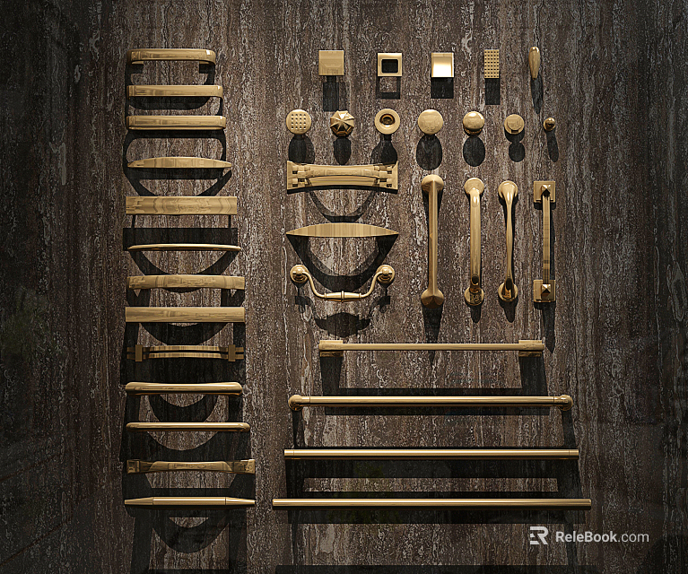 Various Types of Wooden Cabinet Handles in Different Styles Arranged on Dark Wood Background 3d model 