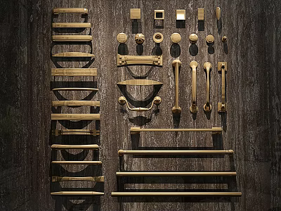 Various Types of Wooden Cabinet Handles in Different Styles Arranged on Dark Wood Background 3d model