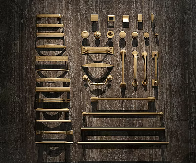 Various Types of Wooden Cabinet Handles in Different Styles Arranged on Dark Wood Background 3d model