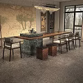 Modern Wooden Tea Table with Marble Top and Matching Chairs in Interior with Tea Sets