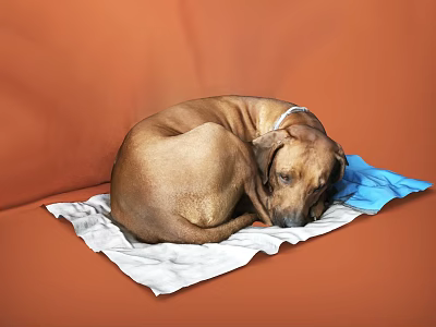 Brown Reptile Curled Up On Orange Sofa With White Blue Cloth 3d model