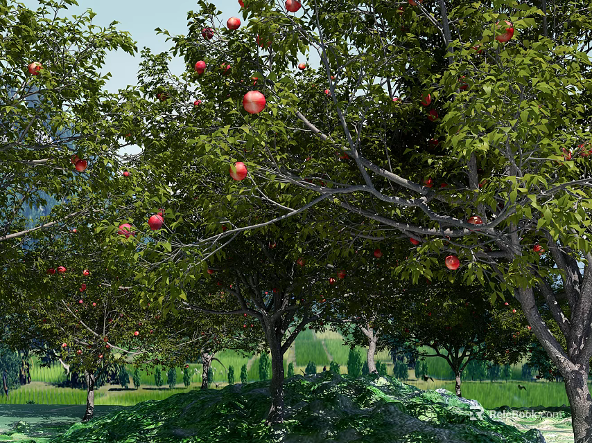 Lush Orchard Garden Landscape With Fruit Trees Red Fruits Green Grass And Distant Mountains 3d model 