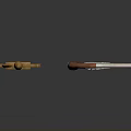 Antique Weapons Display Featuring Long Sword with Golden Hilt and Flintlock Pistol with Wooden Stock