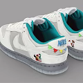 Stylish White Casual Sneakers With Teal Tongue Gray Swoosh Colorful Graphics And Translucent Sole