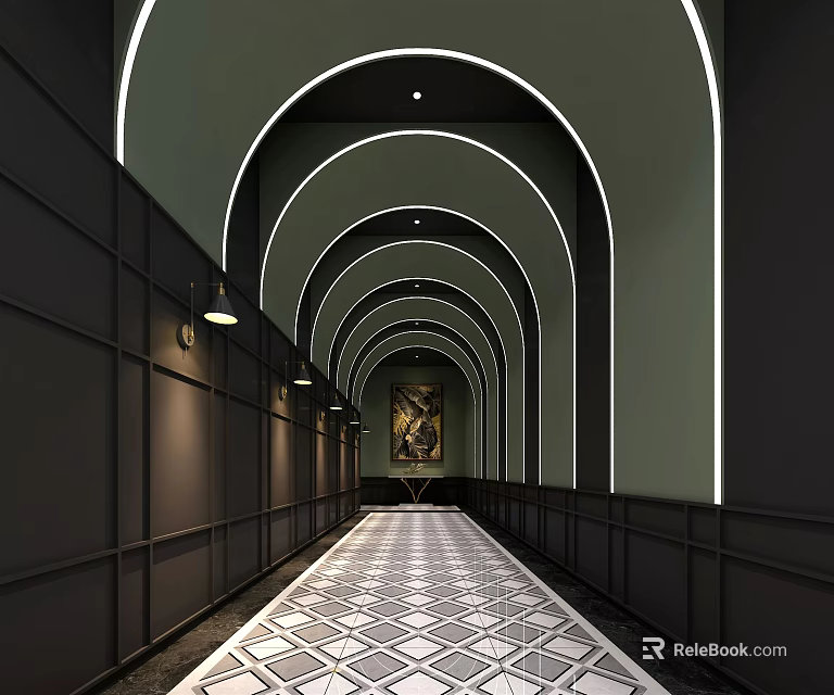 Hotel Corridor With Arched Ceilings Illuminated Lighting Dark Walls Diamond Patterned Floor And Decorative Painting 3d model 