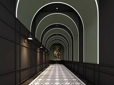 Hotel Corridor With Arched Ceilings Illuminated Lighting Dark Walls Diamond Patterned Floor And Decorative Painting 3d model