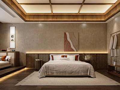 Chinese Style Hotel Guest Room With Wooden Ceiling Bed And Decorative Painting 3d model