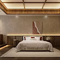 Chinese Style Hotel Guest Room With Wooden Ceiling Bed And Decorative Painting