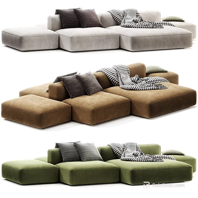 Modern Minimalist Modular Upholstered Sectional Sofas With Throw Pillows And Soft Striped Cozy Blankets 3d model 