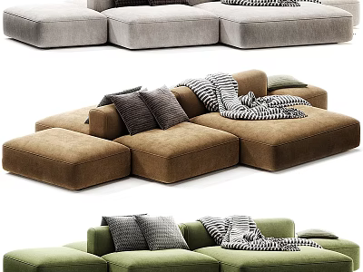 Modern Minimalist Modular Upholstered Sectional Sofas With Throw Pillows And Soft Striped Cozy Blankets 3d model