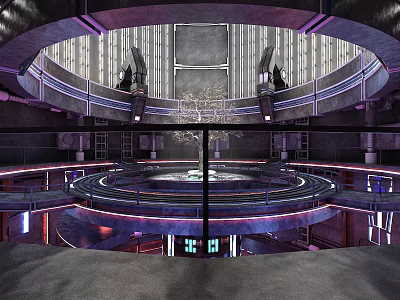 Futuristic Circular Interior Design With Multi Level Platforms And Central Tree 3d model