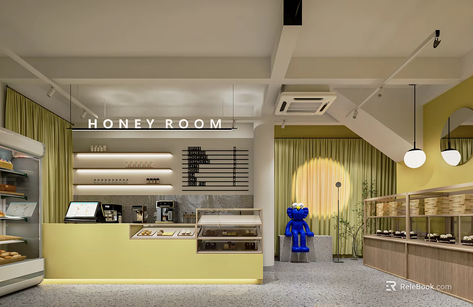 Honey Room Dessert Shop With Yellow Counter Display Cases And Blue Figure 3d model 