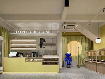 Honey Room Dessert Shop With Yellow Counter Display Cases And Blue Figure 3d model