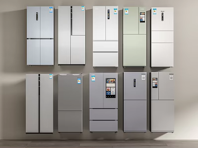 Multiple Different Styles of Refrigerators and Freezers Showcased on Wall in Various Colors 3d model