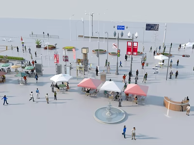 Urban Public Road Facilities with Street Lamps Signboards Benches and Fountain in Public Square 3d model