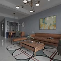 Modern Living Dining Room Interior With Blue Wall Brown Leather Sofa And Wooden Furniture
