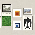 Gallery Wall With Various Framed Artworks Abstract Landscape And Geometric Patterns