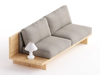 Gray Two Seater Sofa With Wooden Frame And White Table Lamp In Minimalist Design 3d model