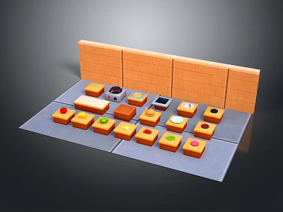 Colorful Mini Desserts With Various Toppings Arranged On Gray Surface Against Brick Wall 3d model
