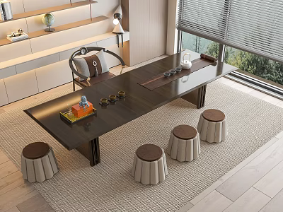 Modern Long Desk With Stools And Tea Set Near Window Interior Design 3d model