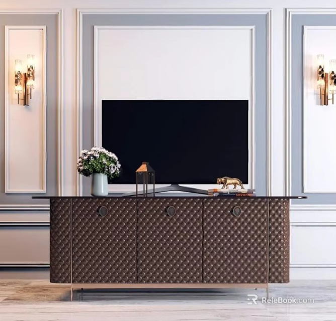 Elegant Brown Patterned TV Stand With Flower Vase And Decorative Items In Living Room 3d model 