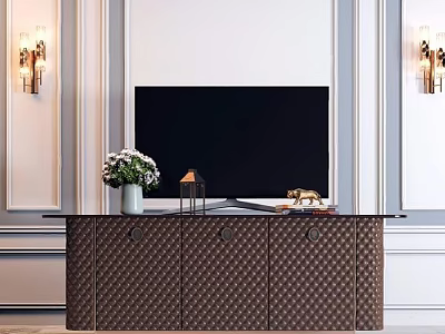 Elegant Brown Patterned TV Stand With Flower Vase And Decorative Items In Living Room 3d model