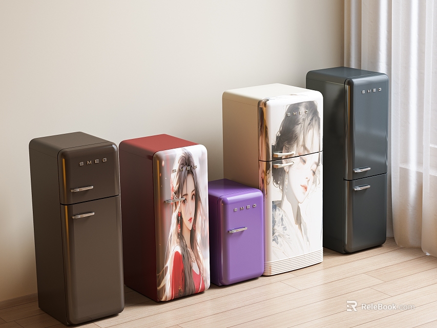 Compact Vintage Style Refrigerators In Multiple Colors With Decorative Pattern Designs 3d model 