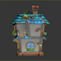 Colorful Cartoon House Scene With Blue Roof Balcony Plants And Wooden Door