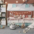 Cute House Shaped Kids Bed With Star Decorations String Lights Pink Pillows Stuffed Toys And Toy Shelf