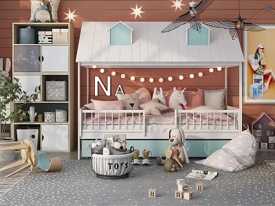 Cute House Shaped Kids Bed With Star Decorations String Lights Pink Pillows Stuffed Toys And Toy Shelf 3d model