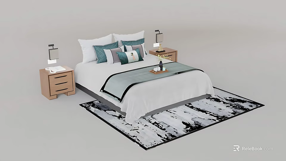 Double Bed Interior With White Sheets Colorful Pillows Gray Throw Nightstands And Area Rug 3d model