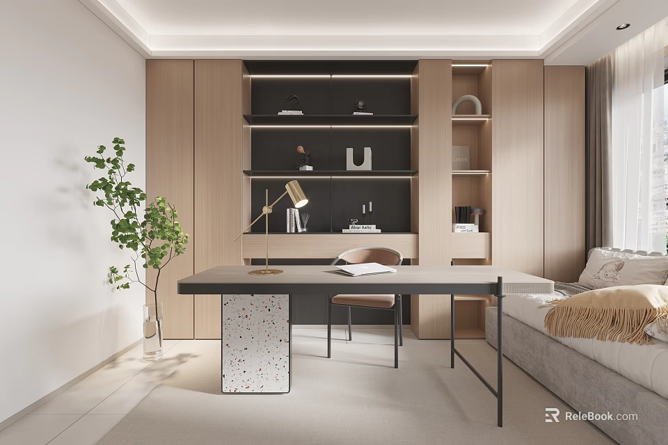 Modern Minimalist Study Room With Wooden Cabinets Black Shelves Desk And Green Plant 3d model 