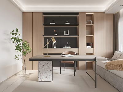 Modern Minimalist Study Room With Wooden Cabinets Black Shelves Desk And Green Plant 3d model