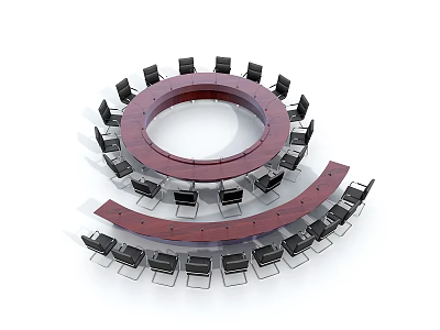 Modern Wooden Conference Table with Circular and Curved Design Surrounded by Black Office Chairs 3d model