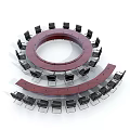 Modern Wooden Conference Table with Circular and Curved Design Surrounded by Black Office Chairs
