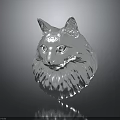 Silver Cat Head Sculpture With Detailed Fur Texture On Dark Reflective Background
