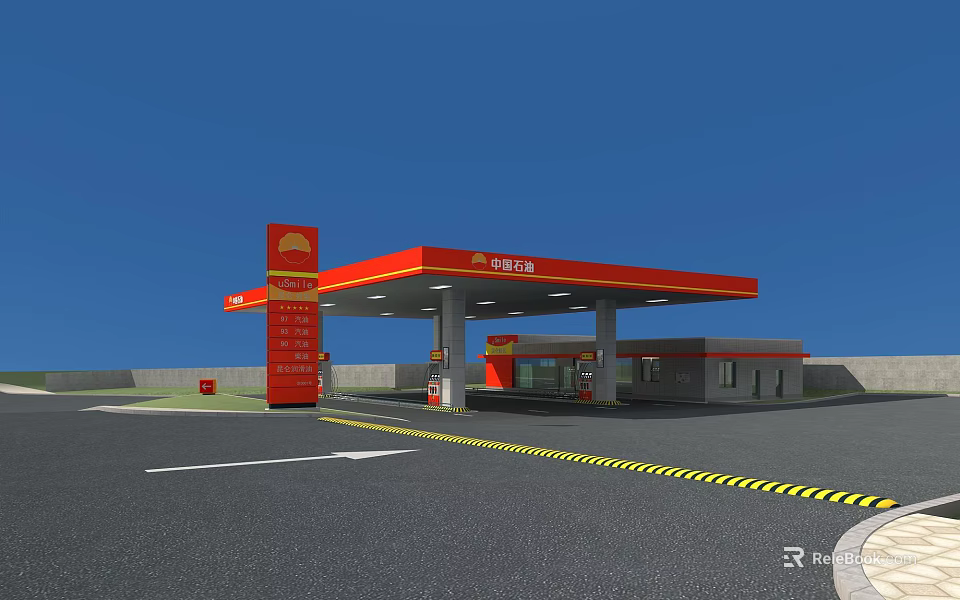Sinopec Gas Station With Red Canopy And Fuel Pumps Under Blue Sky 3d model 