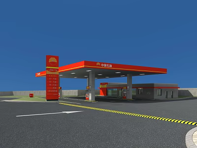 Sinopec Gas Station With Red Canopy And Fuel Pumps Under Blue Sky 3d model