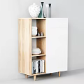 Modern Light Wood And White Sideboard With Open Shelves Dishes Vase And Books