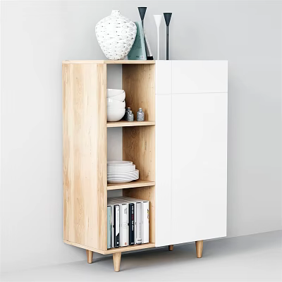 Modern Light Wood And White Sideboard With Open Shelves Dishes Vase And Books 3d model