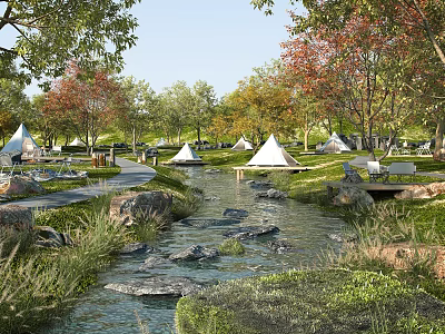 Scenic Natural Landscape With Flowing Stream Green Grassland And Tents Under Trees 3d model