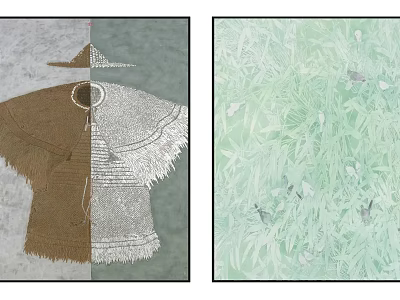 Dual Panel Abstract Artwork With Traditional Clothing Pattern And Green Plant Texture 3d model