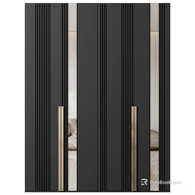 Modern Luxury Wardrobe Design With Black Finish Gold Handles And Mirror Panels 3d model 