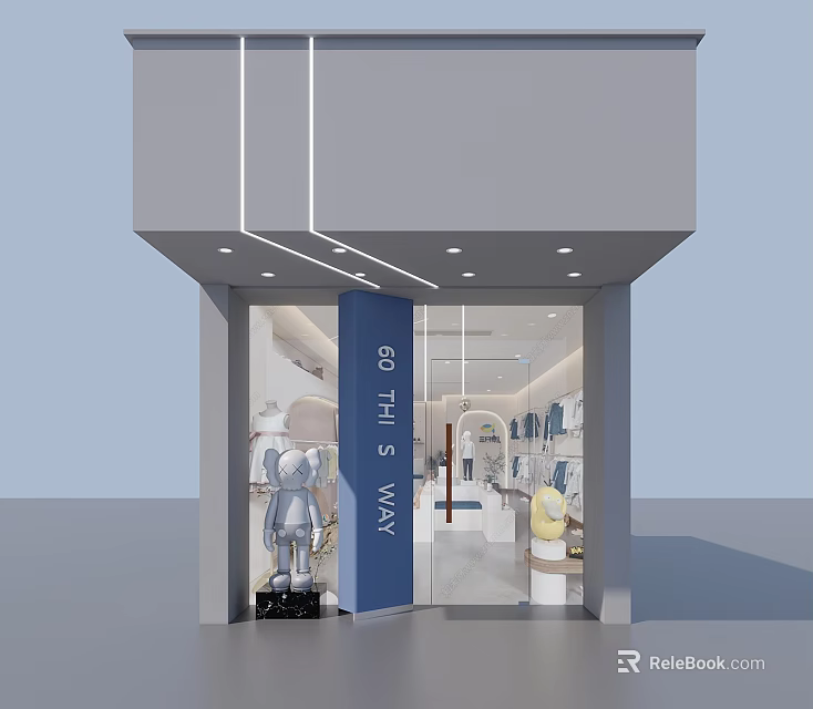 Modern Storefront Design With Blue Pillar GO THIS WAY Sign And Large Doll 3d model 