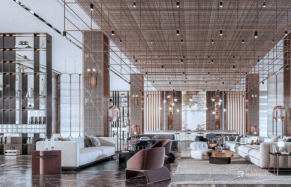 Modern Lounge Area Interior With Stylish Sofa Chairs Coffee Tables And Decorative Ceiling 3d model 